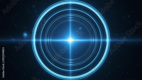 Abstract Blue Neon Circle Target with Lens Flare and Stars.