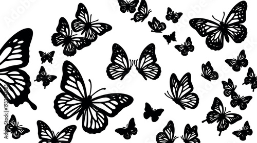 Flat design scattered black butterfly silhouettes varied sizes repeating pattern on white background close up composition elegant delicate motion implied