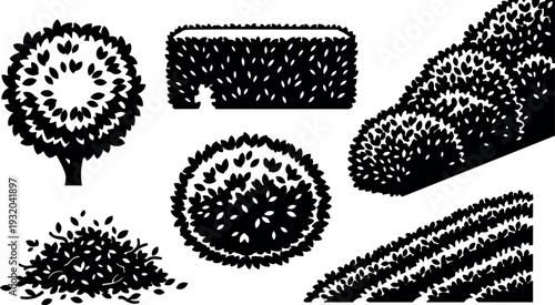 Flat design silhouette topiary and hedge vector pack showing trimmed bushes in various angles top view and side view detail
