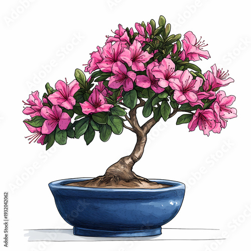 A beautiful blooming pink bonsai tree with purple blossoms sits in a decorative ceramic pot, showcasing spring flora and nature's beauty as an isolated floral garden plant