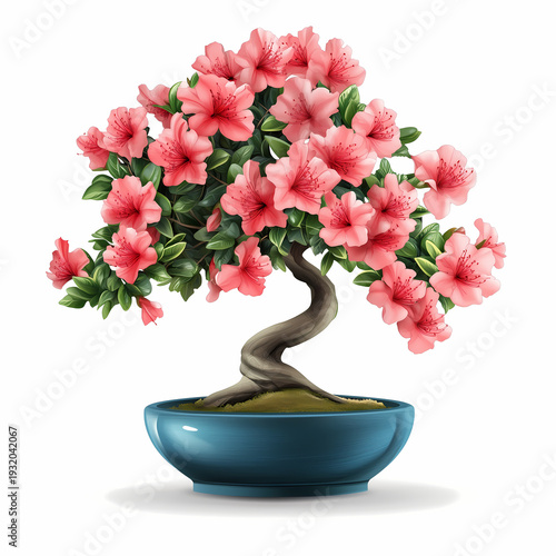 A beautiful pink bonsai tree with blooming flowers arranged in a decorative pot surrounded by lush green leaves and vibrant spring blossoms