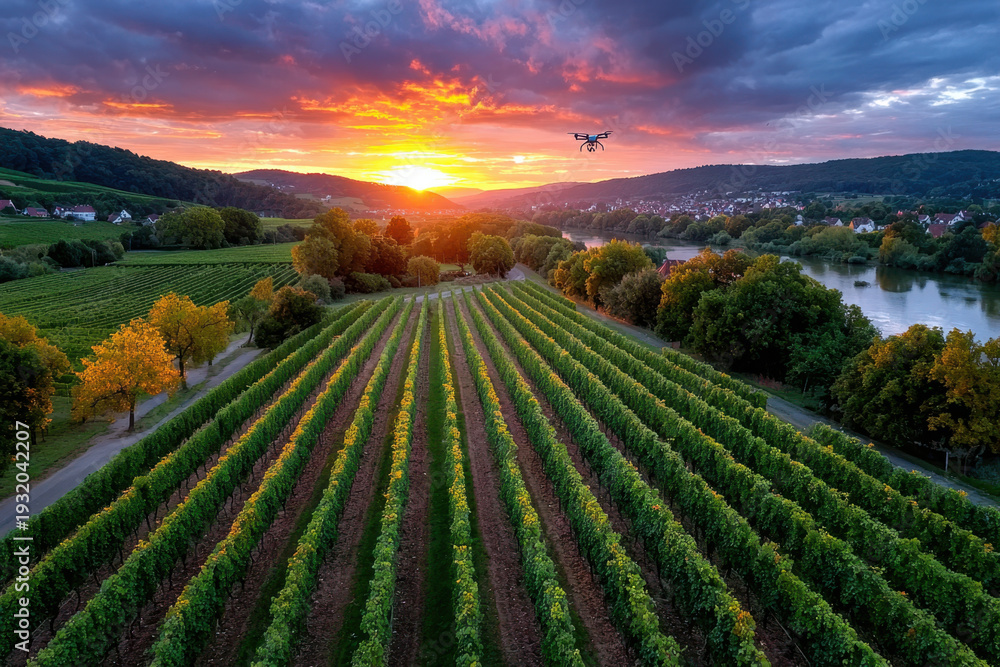 Fototapeta premium Drone Surveying Vineyards at Sunset over River