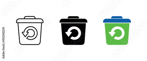 Reducing waste illustrated by a compact recycling container icon with lid and arrow symbol, same form displayed three times side