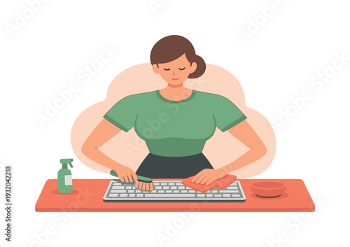 Inside person cleans a keyboard at a desk, keys brushed carefully, cloth wiping surfaces, crumbs gone, calm order returns. |