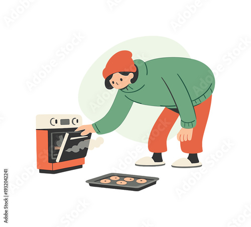 Cozy person bends to check an oven, opening the door slightly as warm air escapes and a tray waits inside on the floor nearby. up