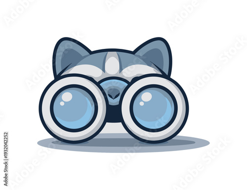 Cute cartoon husky dog looking through binoculars on a plain background