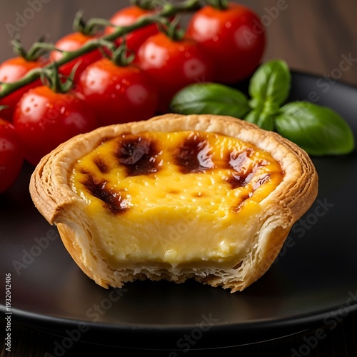 Delicious Egg Tart with Tomatoes and Basil on Black Plate.