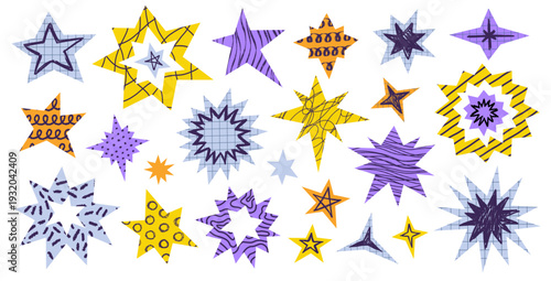 Collage stars with hand drawn crayon patterns. Cut out paper scrapbook journal decoration, magic sparkle aesthetic vector illustration