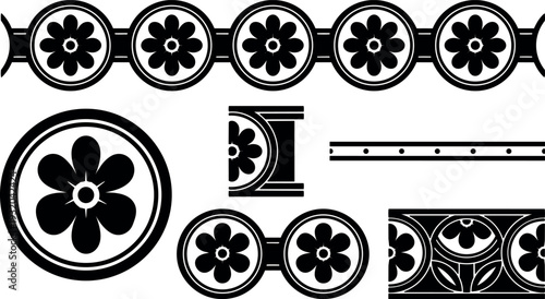 Vector art ornamental floral rosette border set with repeating round medallions close up architectural frieze motifs black and white silhouette