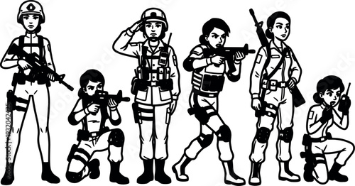 Line art full body female soldiers in tactical gear saluting aiming communicating with rifles kneeling standing in black and white