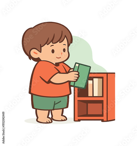 Gentle child holds a book close while sliding it into a shelf gap, posture steady and relaxed. | child book, putting away, flat
