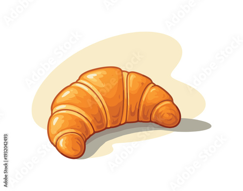Golden croissant pastry with flaky layers casting a soft shadow on a light background