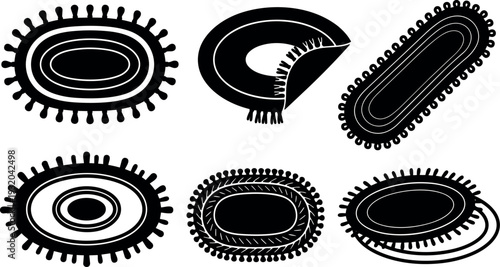 Flat vector icon set of stylized bacterial and viral cell silhouettes six variations close up top view lab graphic collection