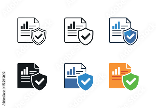 Insurance and risk management icon showing a shield with a checkmark and a document or graph, symbolizing protection, coverage,