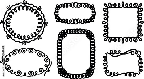 Hand drawn doodle frame set with curly spiral borders six decorative ornamental vector frames black line art close up isolated