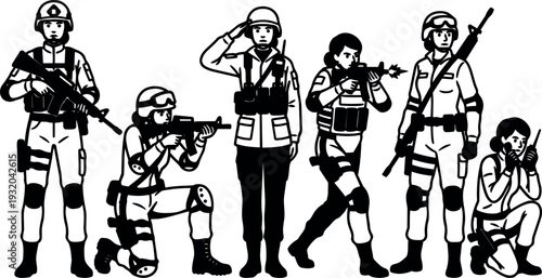 Line art vector soldiers group in tactical gear poses including saluting kneeling firing and radio operator with bold black silhouette
