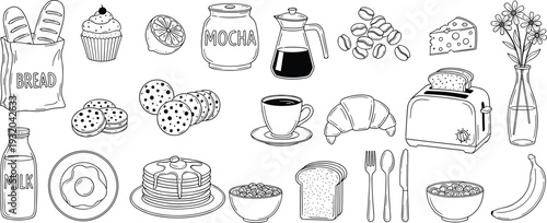 Breakfast food and coffee illustration collection, bakery items milk bread croissant toaster kitchen utensils vector line art set