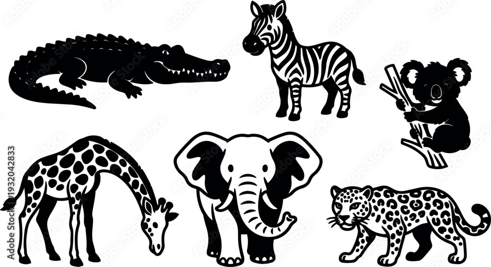 Obraz premium Vector silhouette animal icon set crocodile zebra koala giraffe elephant leopard flat black shapes front view elephant center grazing giraffe