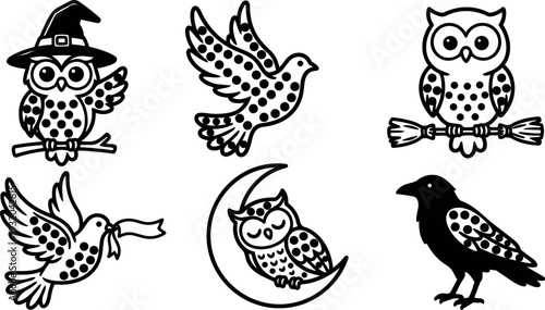 Line art vector owl and dove icons with polka dot wings perched and flying with witch hat broom crescent moon