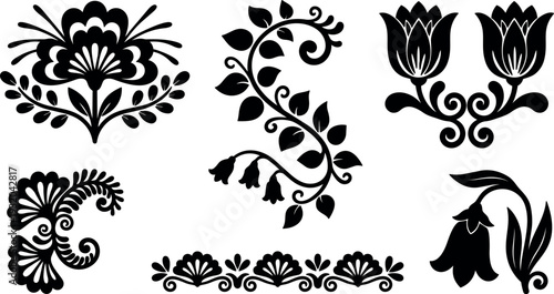 Folk art floral vector set with tulip vine ornaments decorative corner motifs and repeating border elements in black silhouette collection