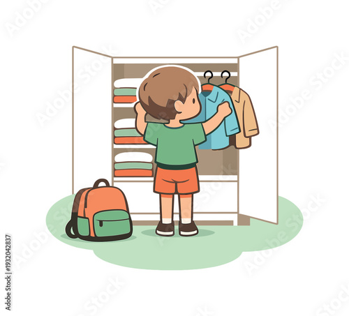 Young boy choosing clothes from an open wardrobe with a backpack nearby