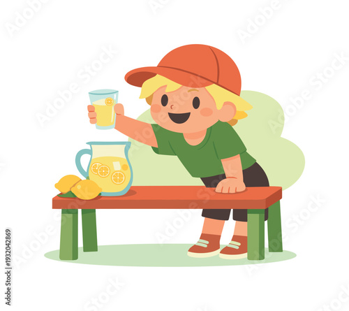 Sunny child sells lemonade at a small stand, body leaning forward as a cup is lifted and lemons rest beside the pitcher | child