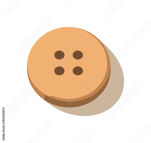 Simple wooden button with four holes casting a soft shadow on a plain background
