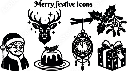 Silhouette vector icon set vintage festive christmas elements including mrs claus reindeer pudding mistletoe pocket watch gift box close up
