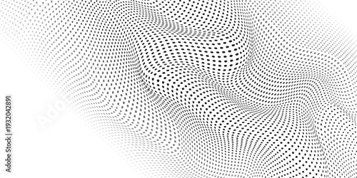 Flowing dots particles wave pattern 3D curve halftone black gradient curve shape isolated on white background. Vector in concept of technology, science, music, modern.