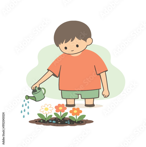Quiet child waters garden flowers, tipping a small can as drops fall on petals and soil darkens under soft light | watering