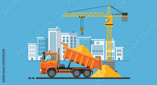 An orange dump truck unloads a pile of sand next to a yellow crane and a city skyline under a blue sky, illustrating a construction site.