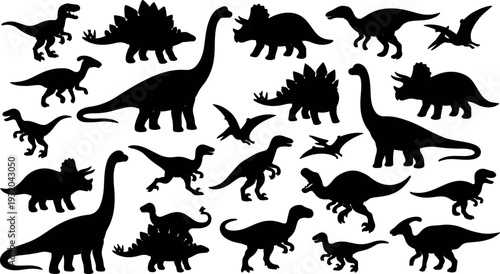 Flat silhouette vector sheet of multiple dinosaur species in various poses including brontosaurus triceratops stegosaurus velociraptor pterodactyl with close up