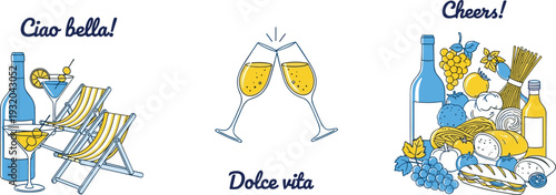 Italian lifestyle illustration, dolce vita summer concept, wine glasses toast, cocktails beach chairs, food and drink vector travel vacation design