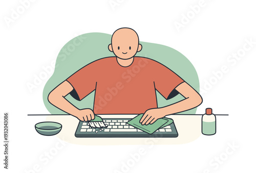 Gentle person cleans a keyboard at a desk, keys brushed carefully, cloth wiping surfaces, crumbs gone, calm order returns. |
