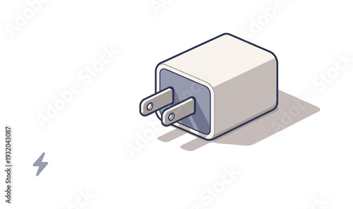 Isometric illustration of a white power adapter with two prongs and a lightning bolt icon