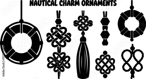 Flat design close up nautical charm ornaments hanging with lifebuoy rope knots tassel pendant black silhouette vector decorative set collection
