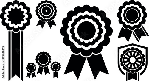 Flat design black rosette ribbon set showing various award badges close up different sizes and ribbon tails low angle vector