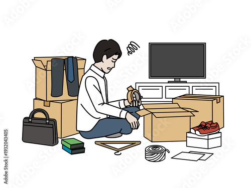 引越し作業が終わらない男性のイラスト