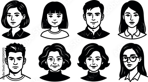 Minimalist vector avatar set eight front facing face portraits diverse adults with glasses collared shirt bob haircut monochrome smiling neutral