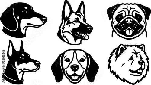 Bold vector head icons of six dog breeds looking forward and to side for logo and mascot design monochrome stencil