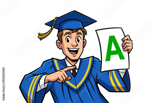 Happy Graduate Student Holding A Grade Paper – Academic Achievement Cartoon Illustration