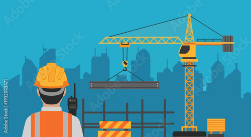 A construction worker observes a construction site with a large yellow crane lifting a steel beam against a backdrop of city buildings.