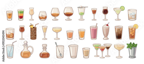 Collection of various alcoholic and non-alcoholic drinks in different glasses and bottles