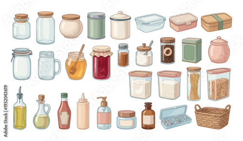 Collection of various kitchen containers and jars for food storage and organization