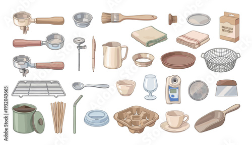 Collection of coffee brewing and cleaning accessories, illustrated in a charming watercolor style