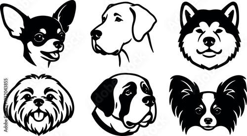 Vector line art dog head six breeds close up frontal and profile views smiling tongues visible bold black and white