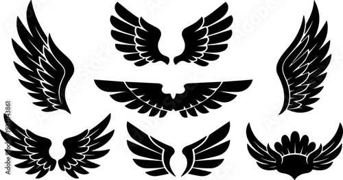 Minimalist vector wing silhouettes flat design spread folded side view top view black emblem logo decorative shapes isolated symmetrical elegant