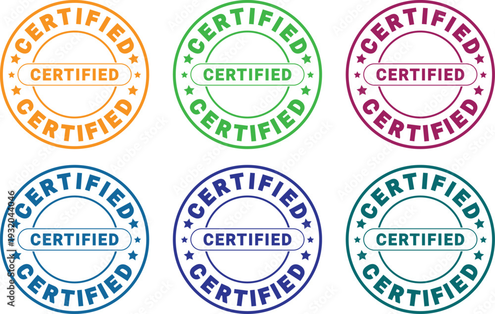 Obraz premium Six circular certified stamps in orange green purple blue dark blue and teal with stars