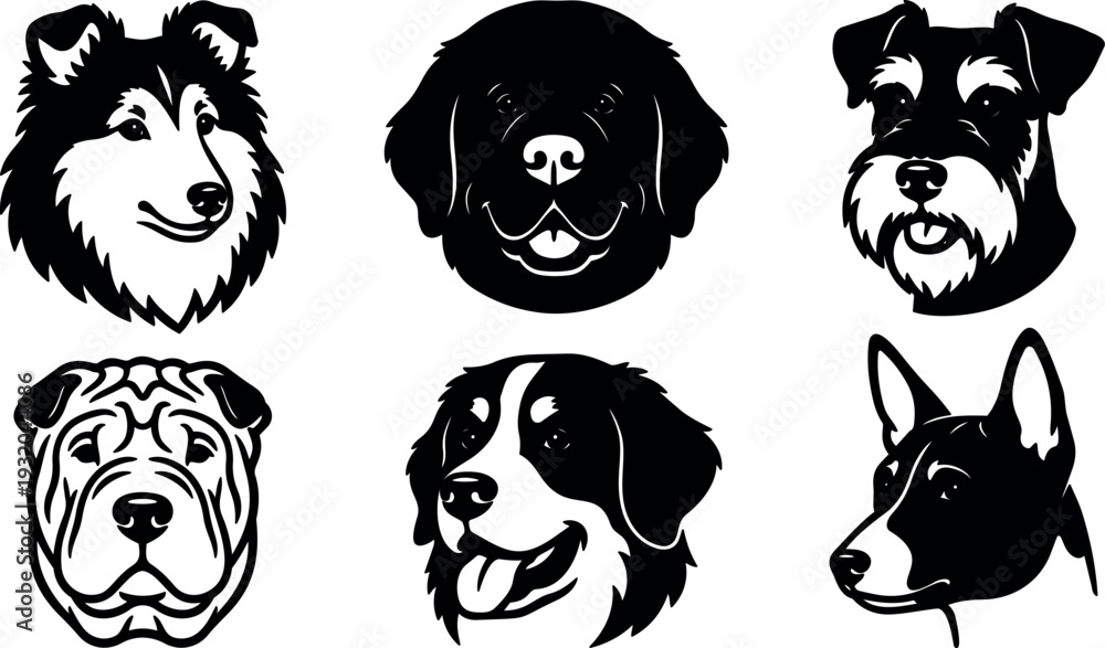 Fototapeta premium Minimalist vector dog head set showing six breed portraits front view black silhouette and stencil line art expressive faces collection