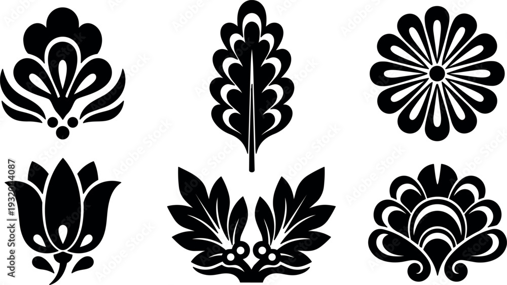 Fototapeta premium Flat design ornamental floral vector set six black silhouette motifs close up symmetrical tile decorative elements isolated on white background